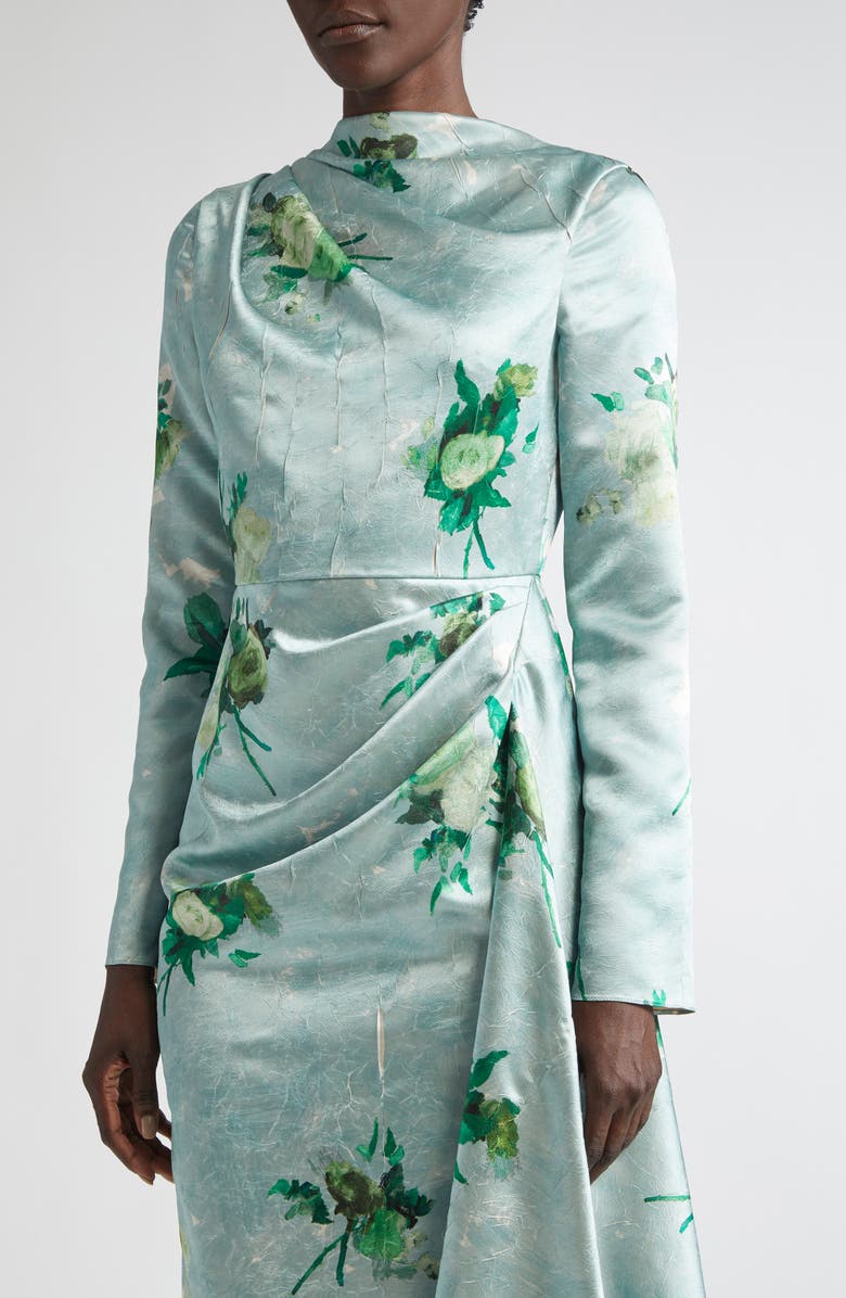 Erdem Abstract Rose Print Draped Long Sleeve Satin Midi Dress, Alternate, color, Abstract Rose Eggshell