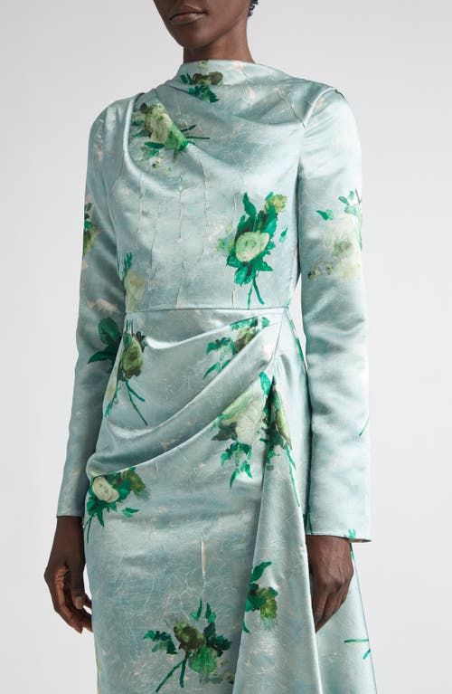 Erdem Abstract Rose Print Draped Long Sleeve Satin Midi Dress In Green