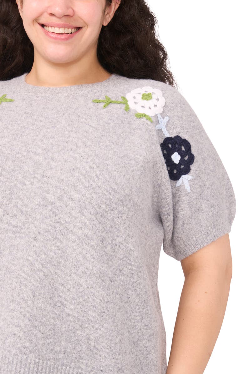 CeCe Floral Embroidered Short Sleeve Sweater, Alternate, color, Silver Heather