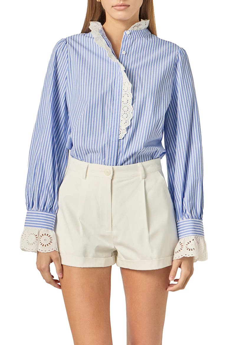 Stripe Scalloped Lace Trim Button-Up Shirt, Main, color, BLUE/ WHITE STRIPE