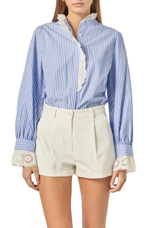 Stripe Scalloped Lace Trim Button-Up Shirt
