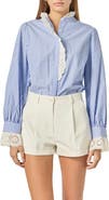 English Factory Stripe Scalloped Lace Trim Button-Up Shirt