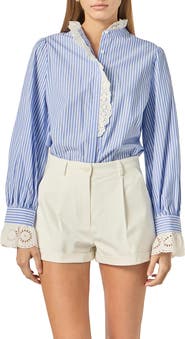 English Factory Stripe Scalloped Lace Trim Button-Up Shirt