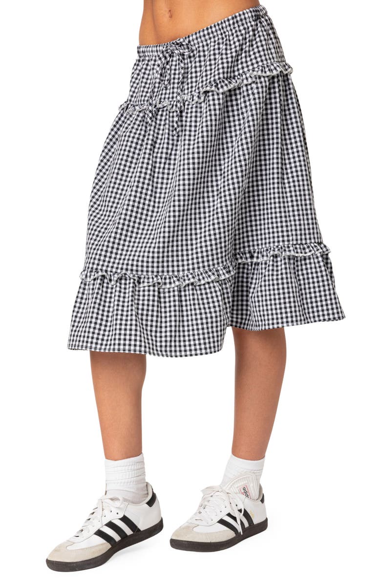 EDIKTED Gingham Tiered Ruffle Midi Skirt, Alternate, color, Black-And-White