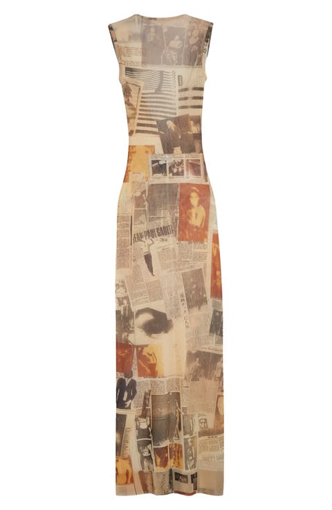 Newspaper Print Open Back Mesh Body-Con Dress