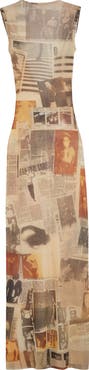 Jean Paul Gaultier Newspaper Print Open Back Mesh Body-Con Dress
