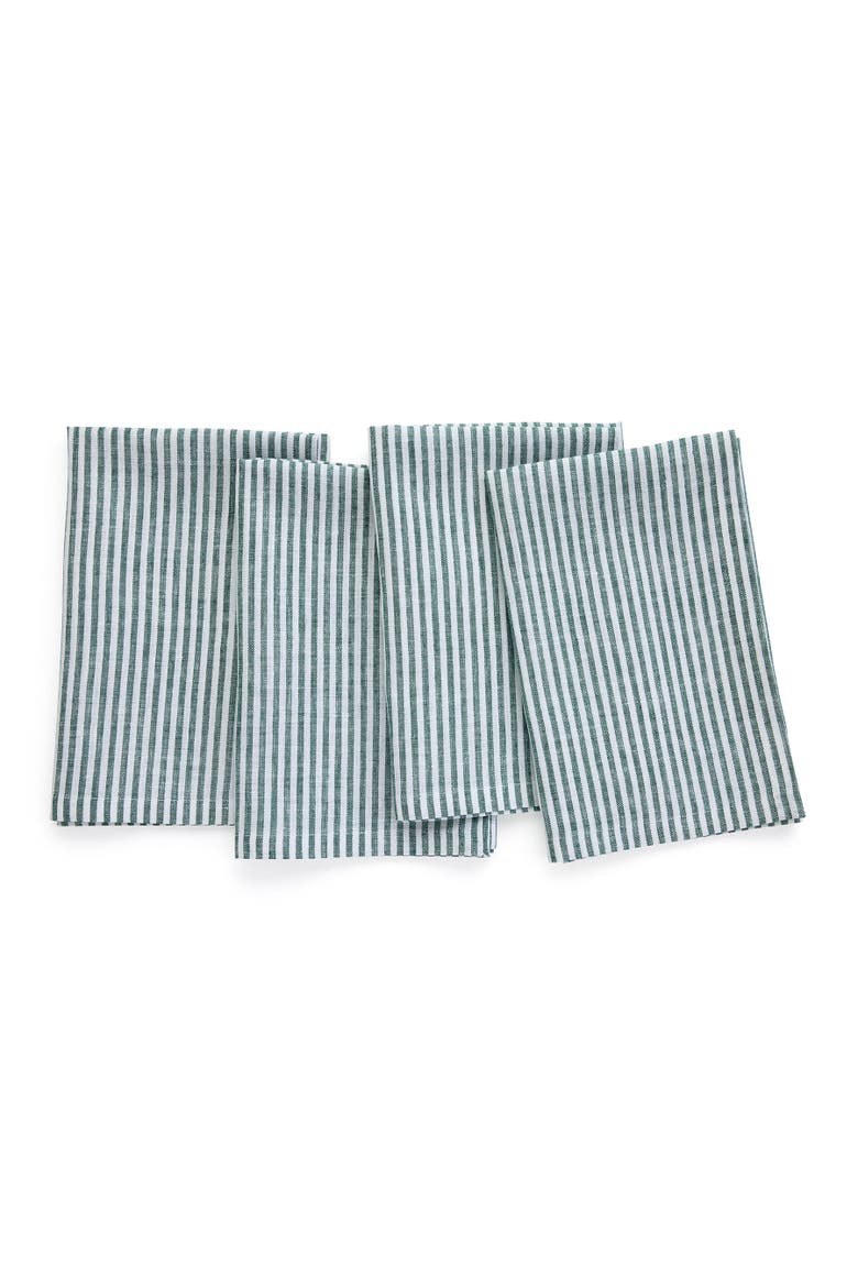 Linen Dinner Napkins Set of 4, 20 x 20" - Narrow Stripe, Main, color, Rainforest and White