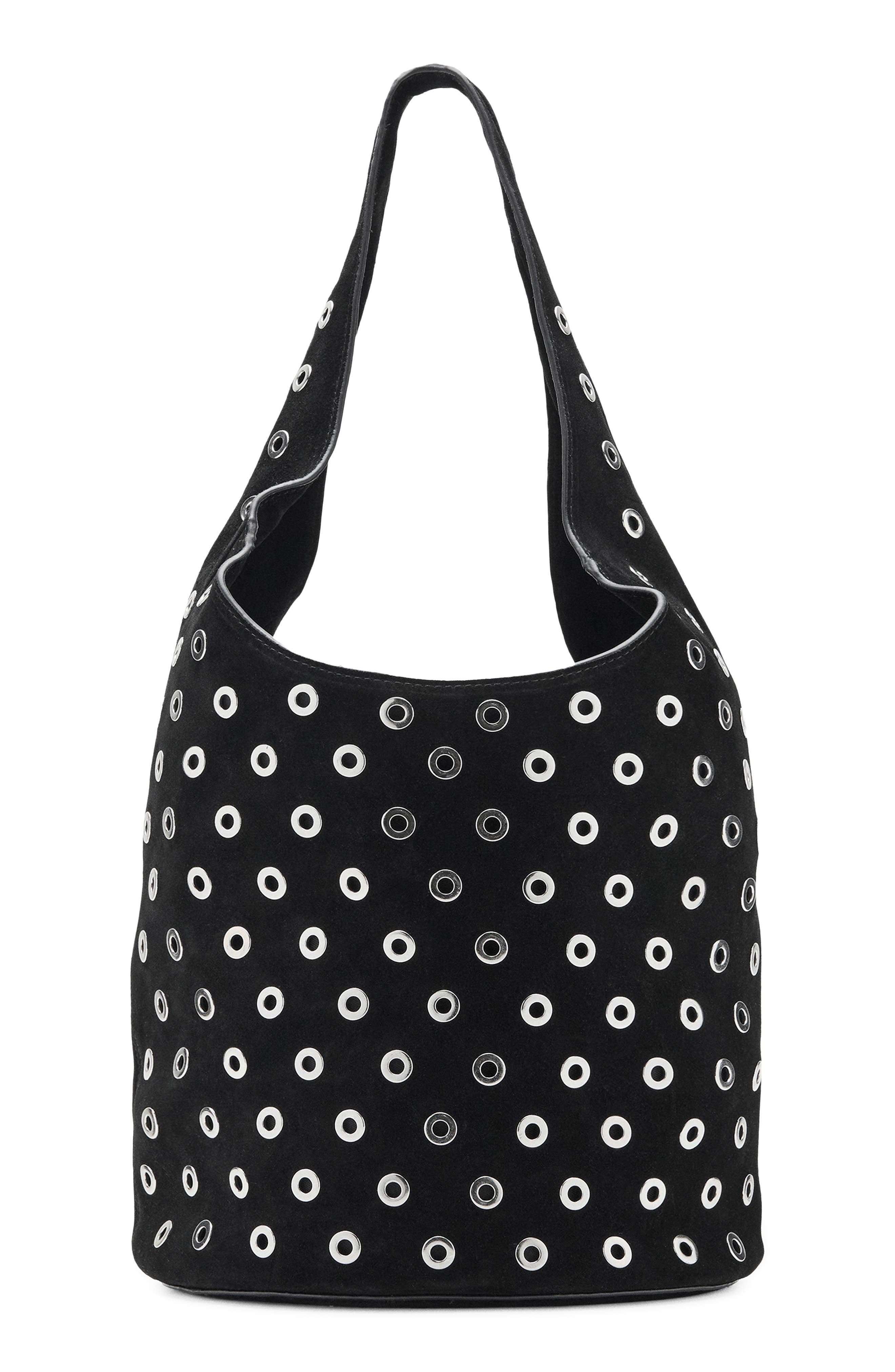 MANGO Grommet Detail Leather Bucket Bag, Main, color, 