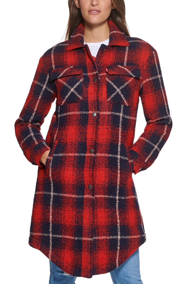 Levi's Plaid Faux Shearling Lined Long Shirt Jacket, Alternate, color, Red Navy Shadow Plaid