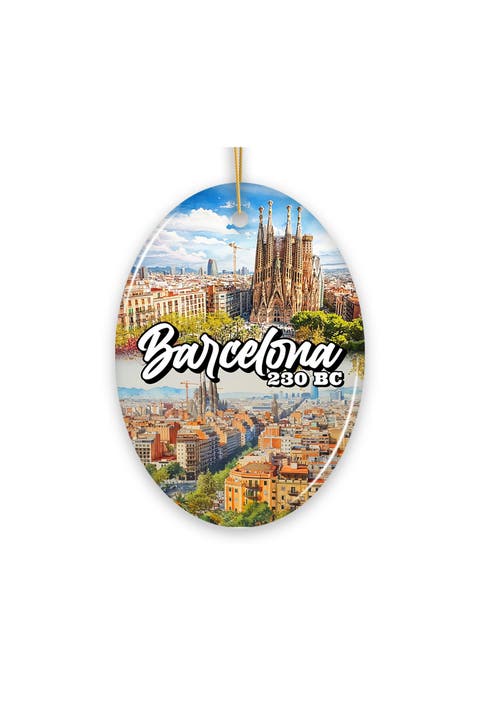 Barcelona Watercolor Landmarks Oval Ceramic Ornament