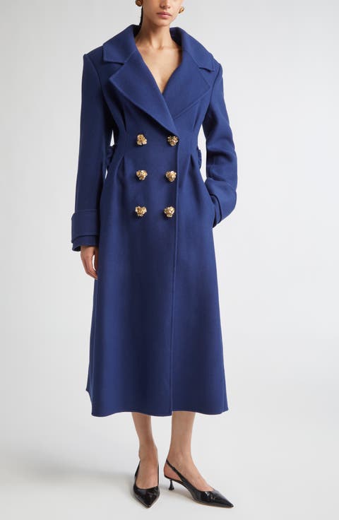 Flower Button Wool Long Peacoat