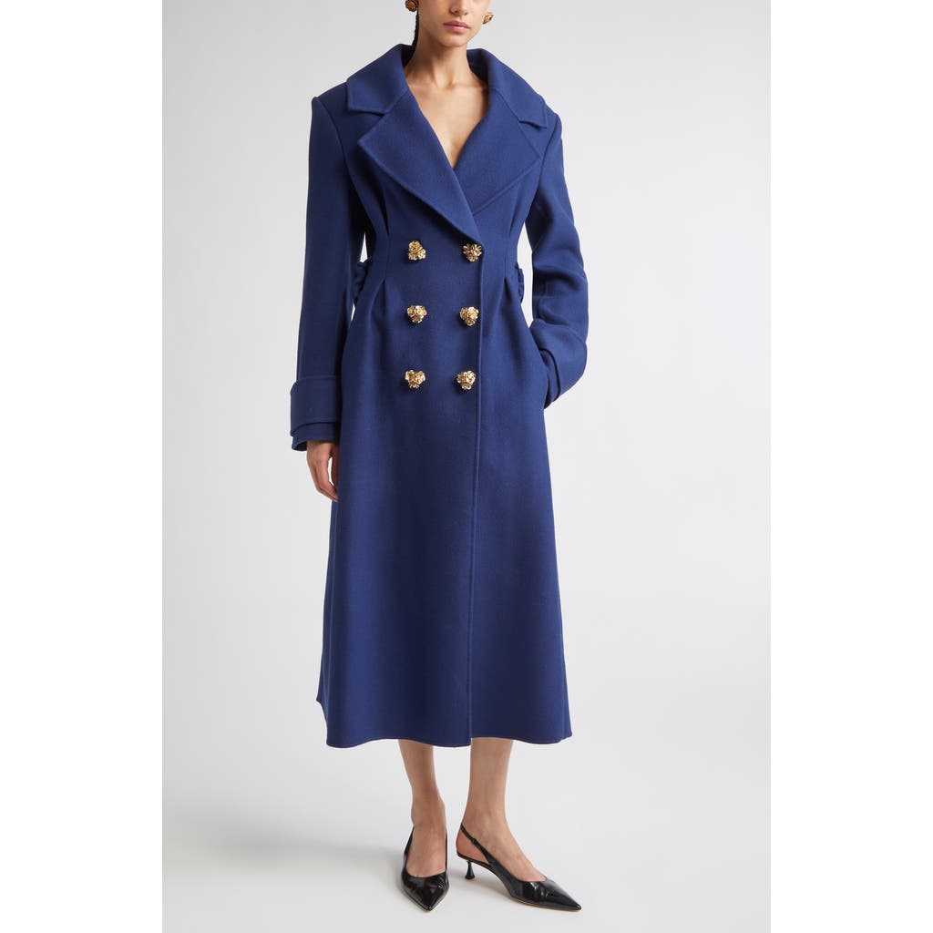 Carolina Herrera Flower Button Wool Long Peacoat In Blue