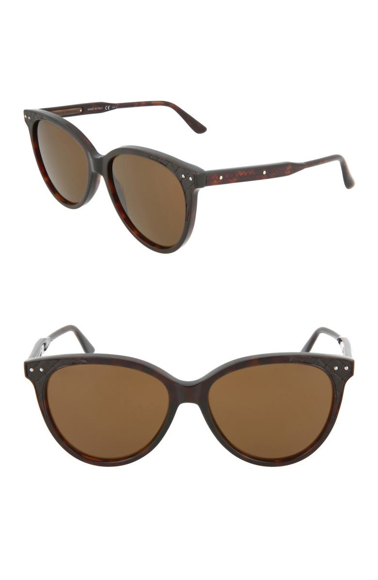 Bottega Veneta Core 55mm Oval Cat Eye Sunglasses, Main, color, Shiny Havana Dark Espresso
