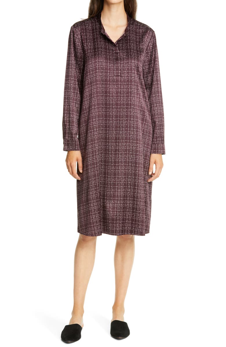 Eileen Fisher Band Collar Stretch Silk Dress, Main, color,