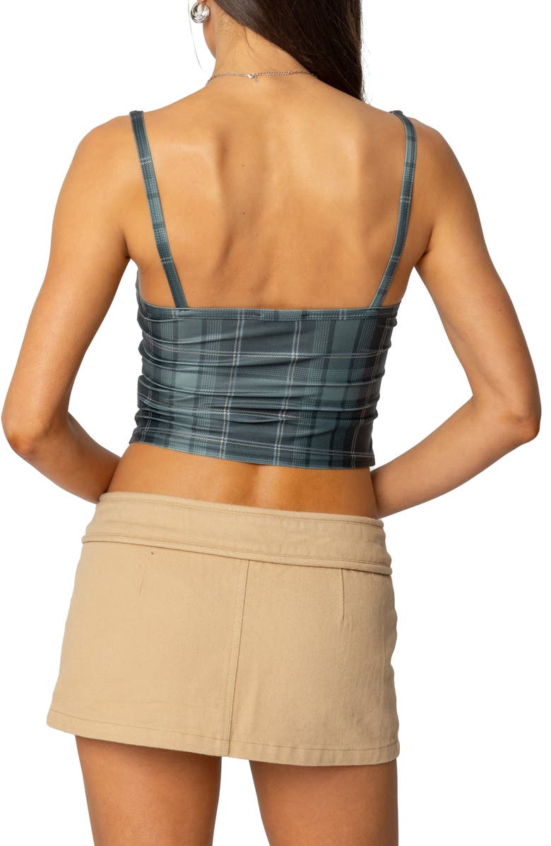 EDIKTED Lace Detail Plaid Mesh Crop Top, Alternate, color, Green