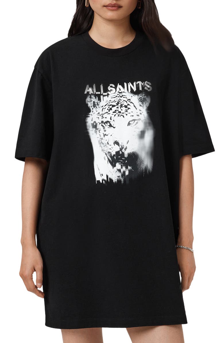 AllSaints Static Graphic Print Cotton T-Shirt Dress, Main, color, Black