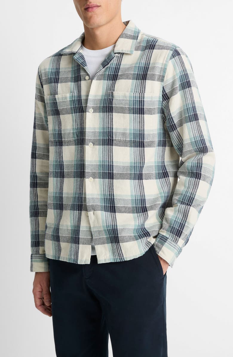 Vince Plaid Long Sleeve Hemp & Cotton Flannel Camp Shirt, Alternate, color, Light Sand/Marlin Teal