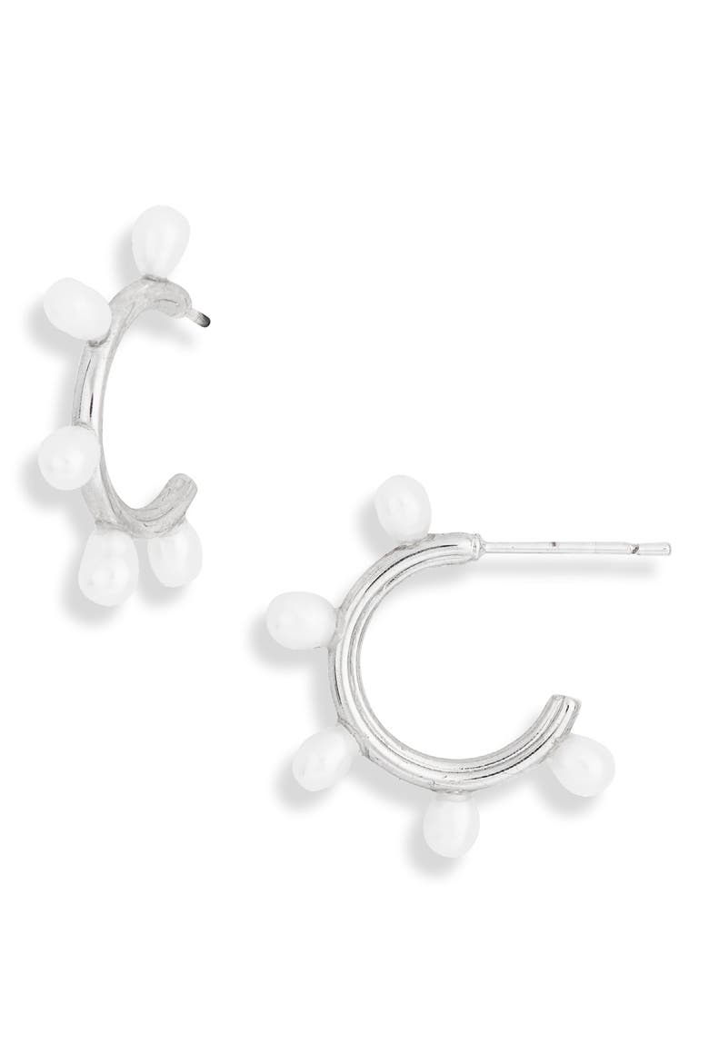 Leighton Faux Pearl Huggie Hoop Earrings, Main, color, RHOD WHITE PEARL