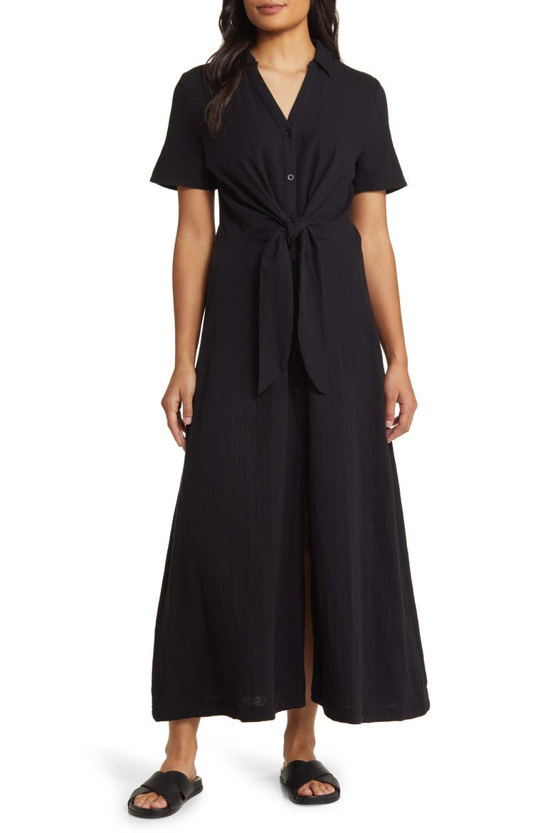 Vacation Tie Front Gauze Shirtdress, Main, color, BLACK