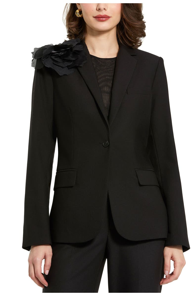 Mac Duggal Classic Crepe Blazer Jacket With Flower, Main, color, Black