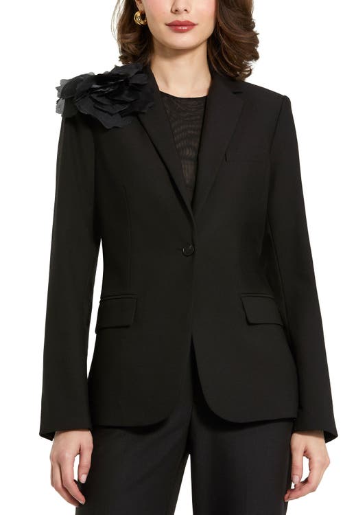 Mac Duggal Classic Crepe Blazer Jacket With Flower In Black