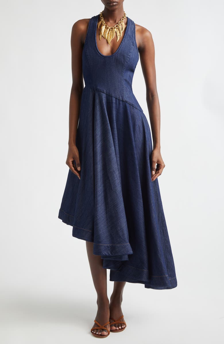 Zimmermann Kindred Spirit Asymmetric Scoop Neck Cotton Denim Dress, Main, color, Harbour Blue