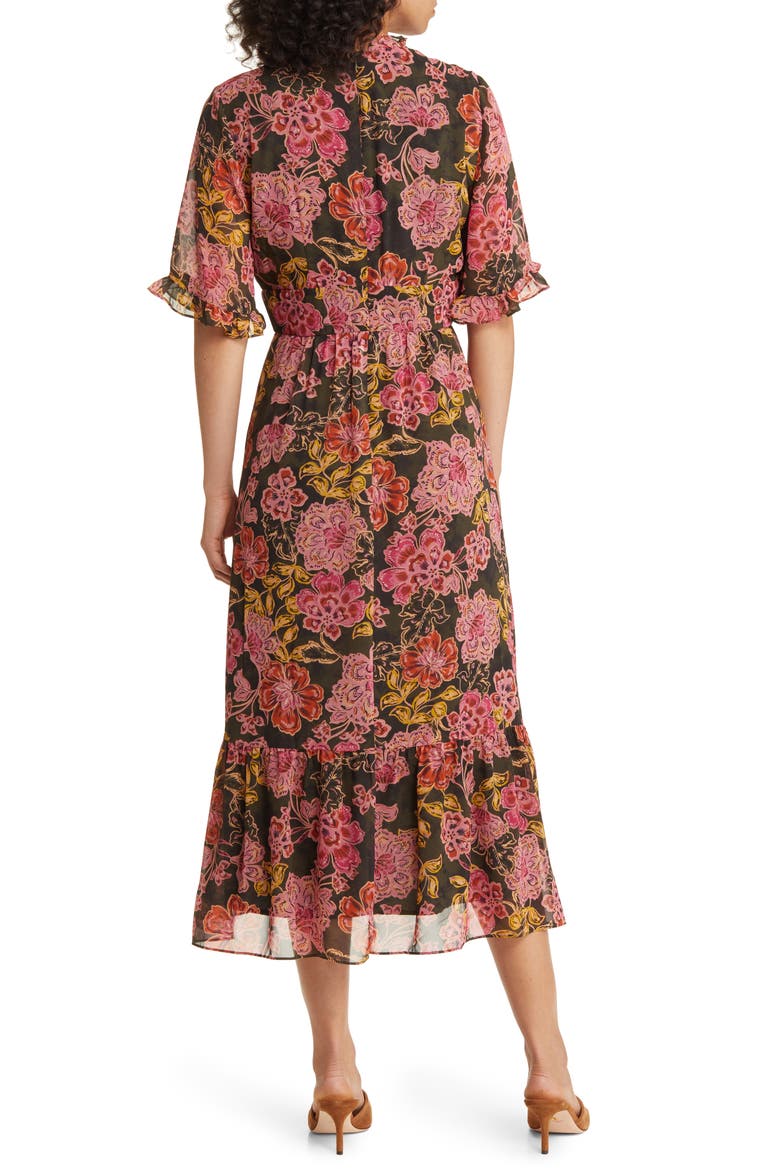 Floral Ruffle Faux Wrap Midi Dress, Alternate, color, OLIVE/ PINK CORAL