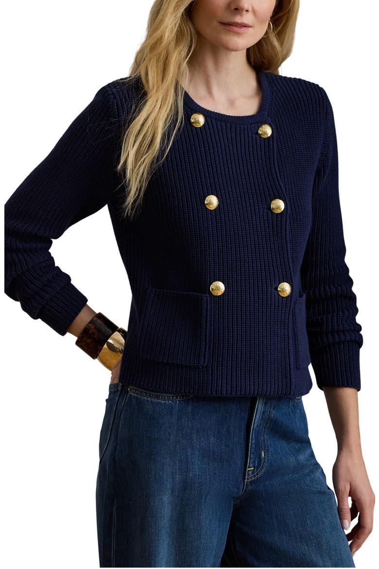 Double Breasted Combed Cotton Cardigan, Main, color, REFINED NAVY BLUE