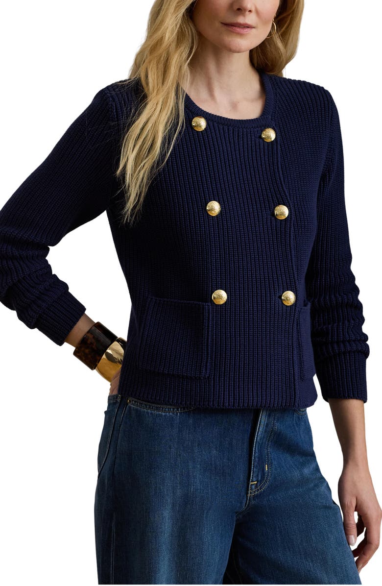 Lauren Ralph Lauren Double Breasted Combed Cotton Cardigan, Main, color, Refined Navy Blue