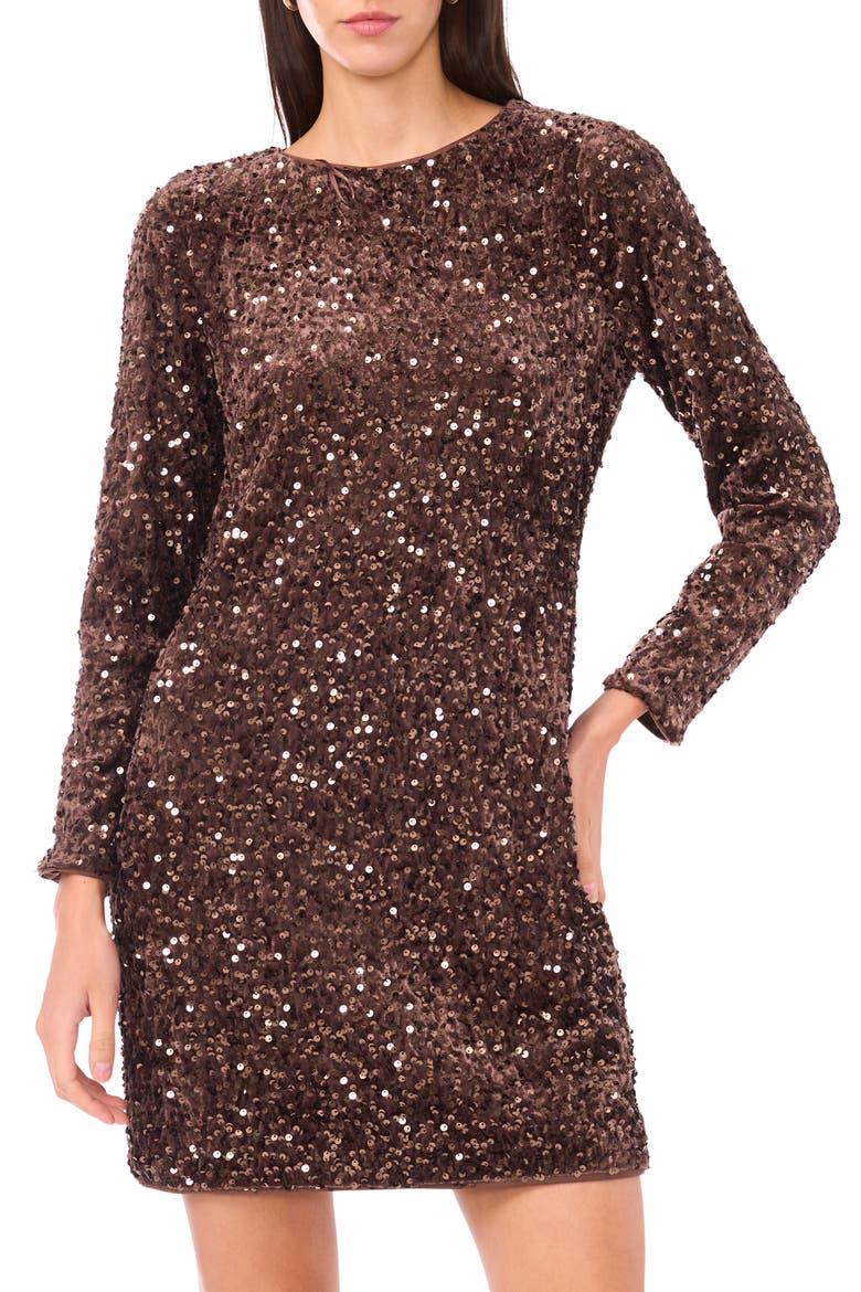 Sequin Long Sleeve Body-Con Dress, Alternate, color, COCOA