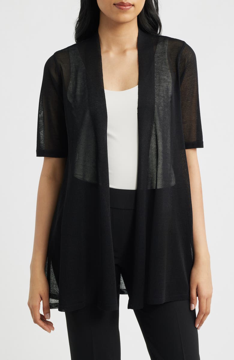 Anne Klein Semisheer Short Sleeve Cardigan, Main, color, Anne Black