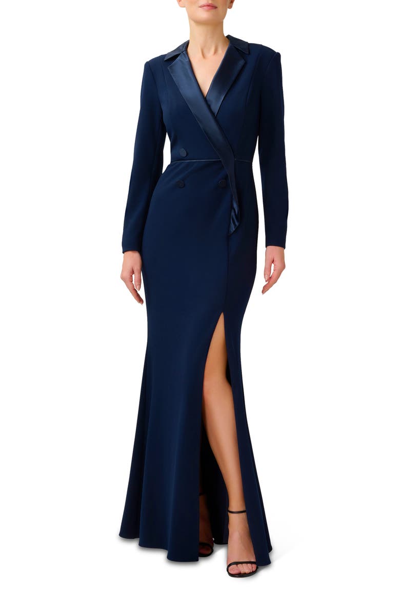 Crepe Long Sleeve Tuxedo Trumpet Gown, Main, color, MIDNIGHT