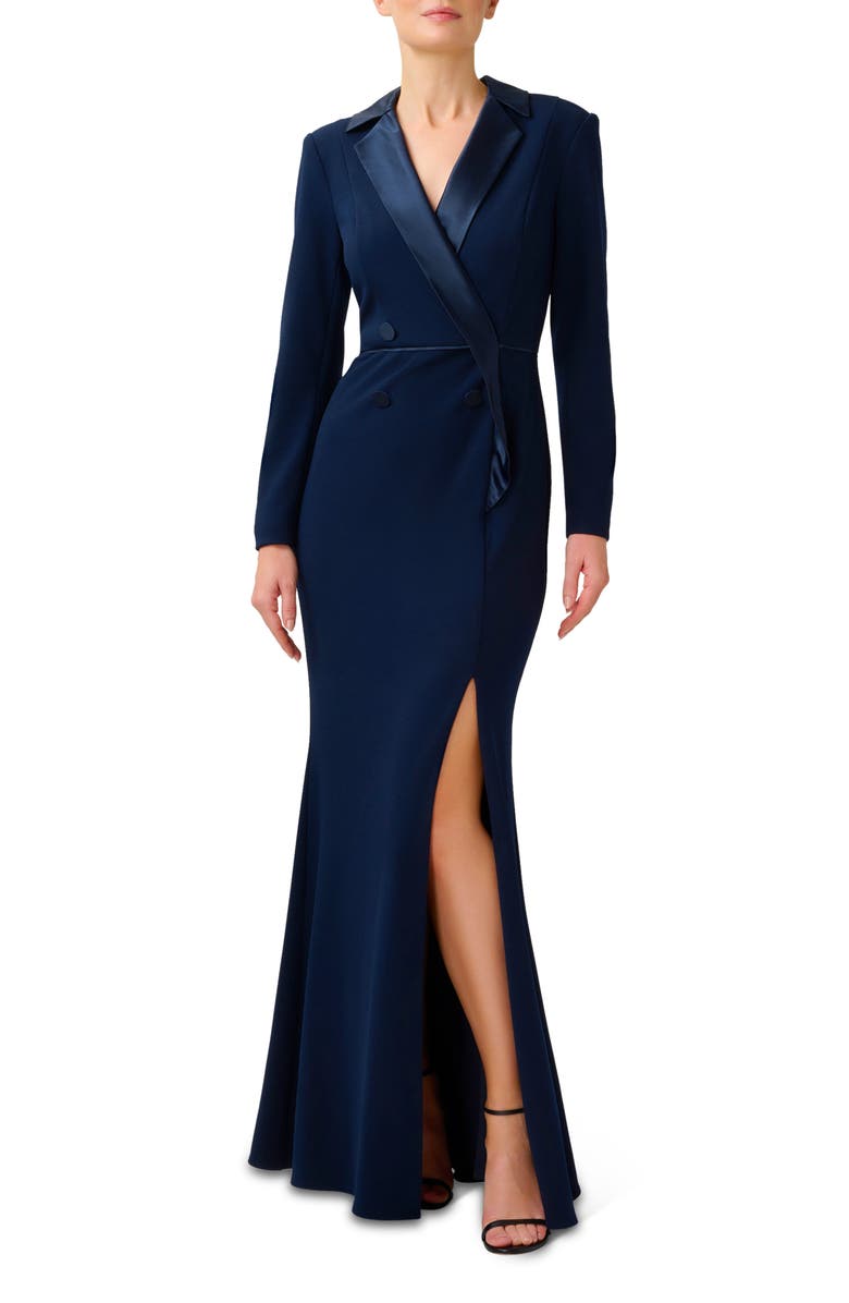 Adrianna Papell Crepe Long Sleeve Tuxedo Trumpet Gown, Main, color, 