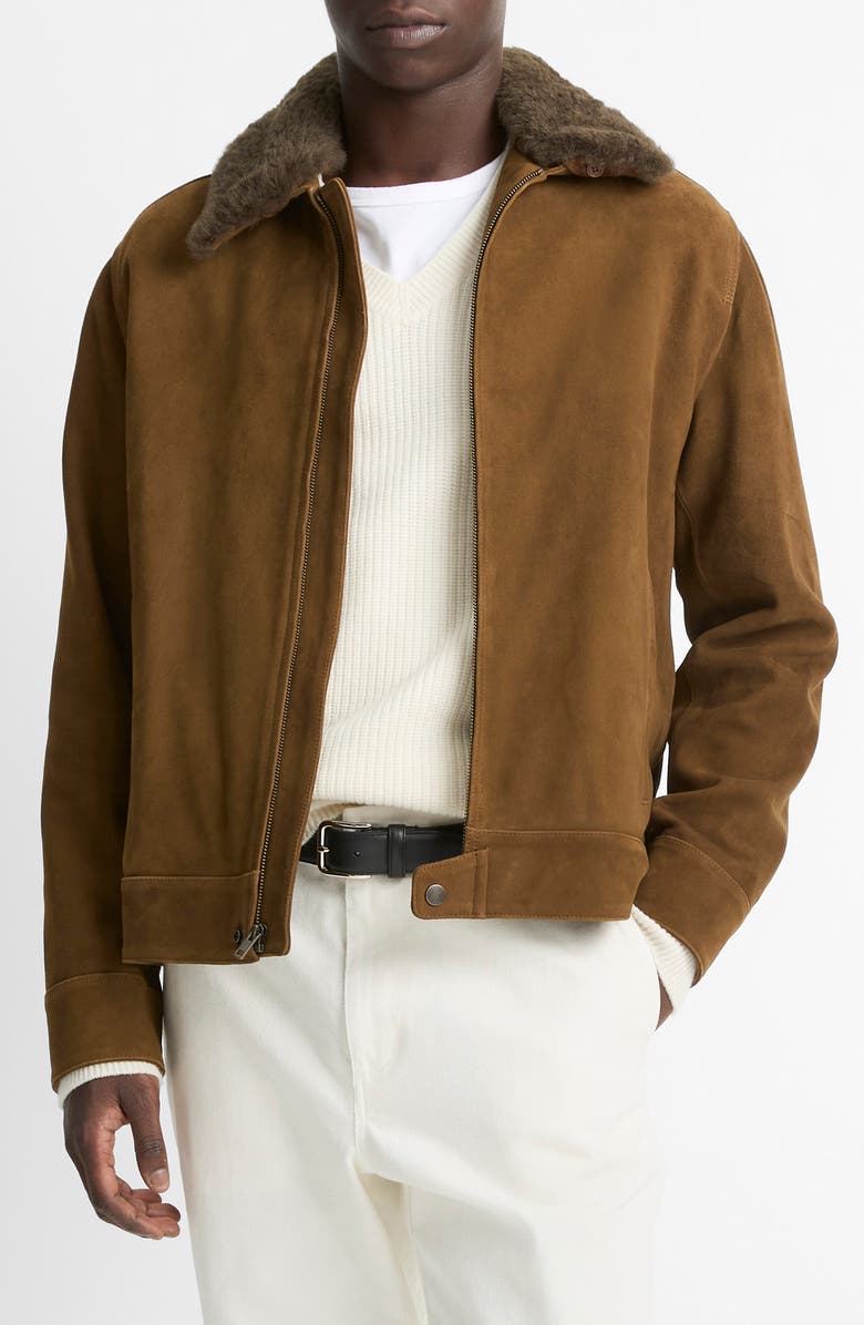 Vince Suede Short Jacket with Removable Genuine Shearling Collar, Alternate, color,