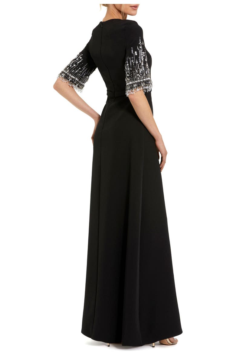 Mac Duggal Crepe A Line Gown With Beaded 3/4 Sleeves, Alternate, color, Black