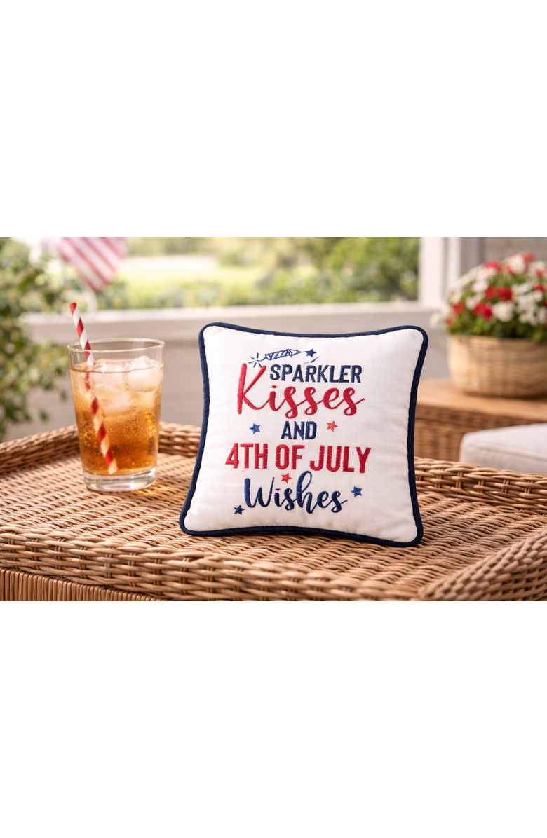C&F Home Patriotic "Sparkler Kisses & 4th of July Kisses" Embroidered Mini Square Accent Pillow, 10" x 10", Alternate, color, White