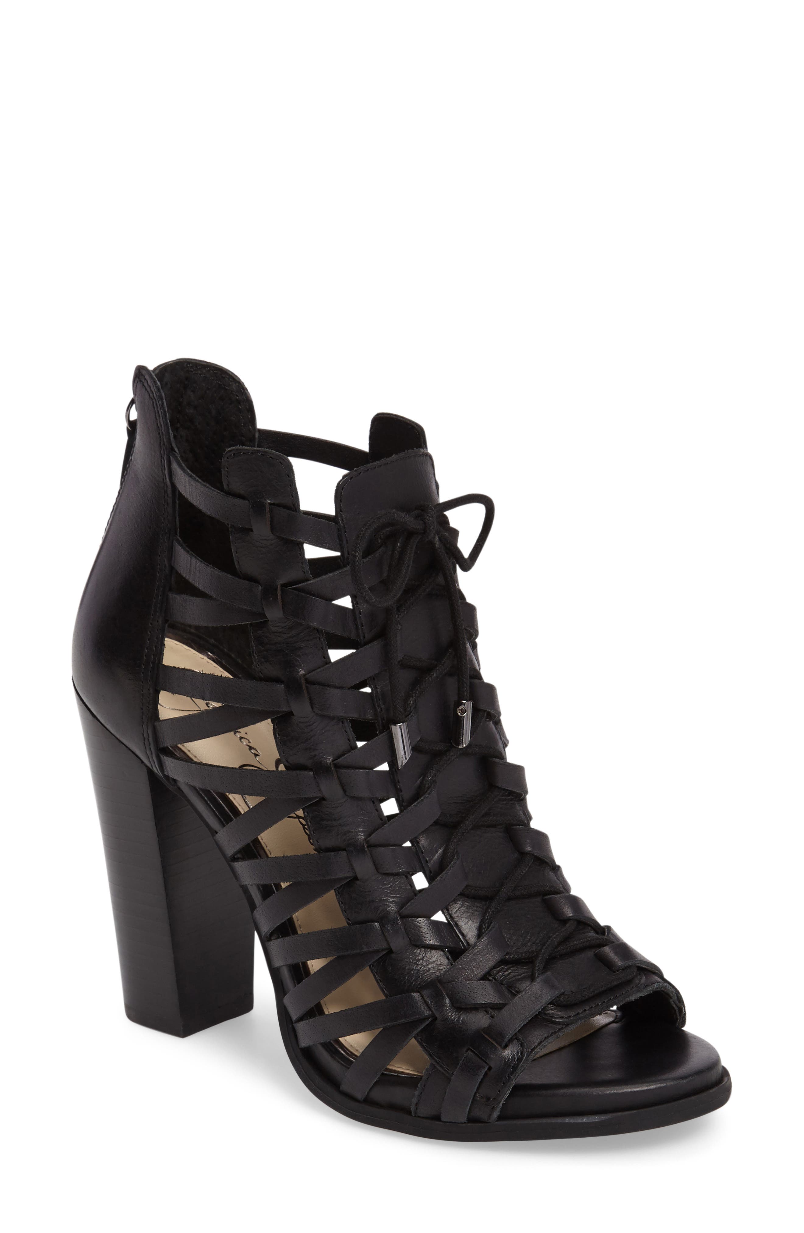 Riana Woven Leather Cage Sandal, Main, color, BLACK LEATHER