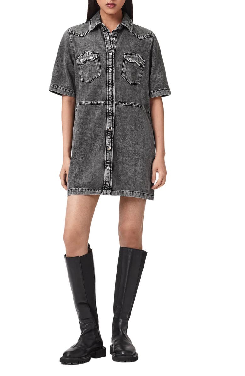 AllSaints Rock Short Sleeve Denim Shirtdress, Main, color, Washed Grey