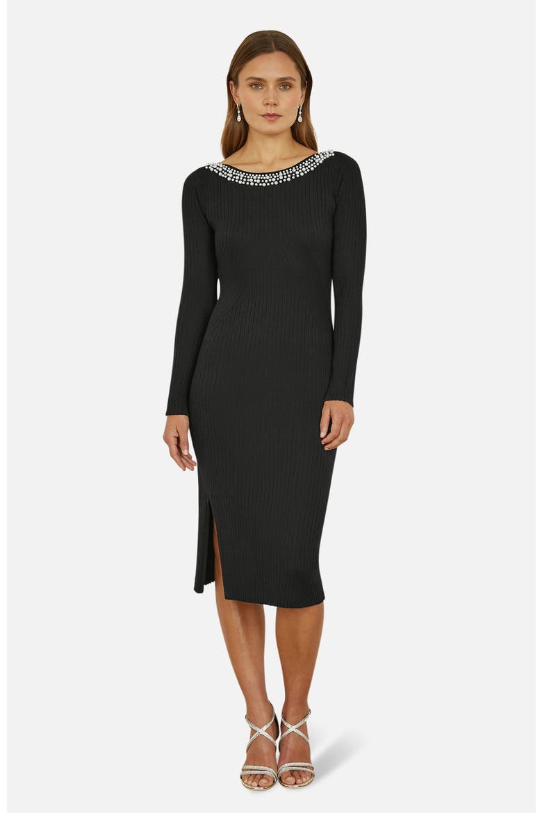 Bedazzled Neck Fitted Midi Knitted Dress, Main, color, Black