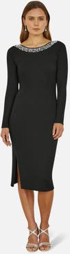 Yumi Bedazzled Neck Fitted Midi Knitted Dress