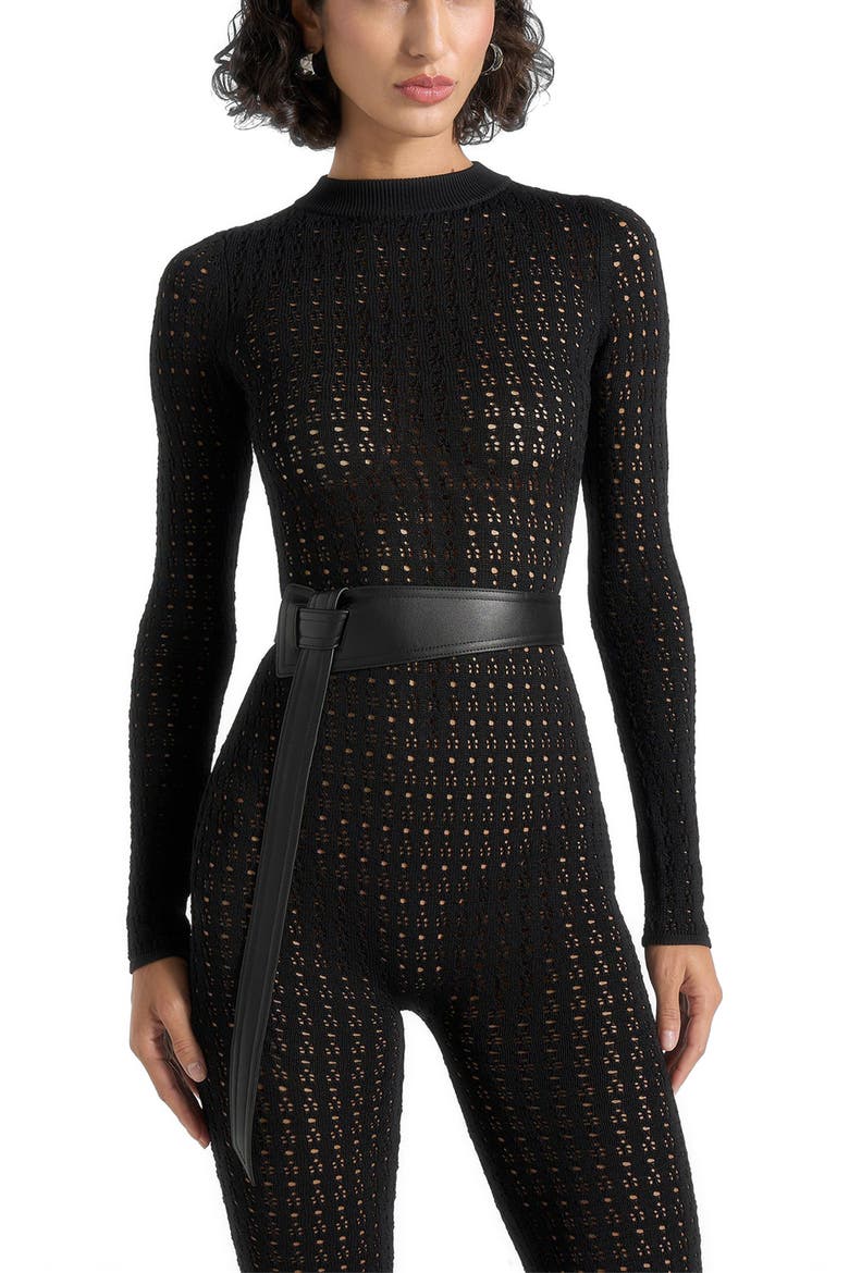 Tiana Pointelle Knit Long Sleeve Jumpsuit with Belt, Alternate, color, Black
