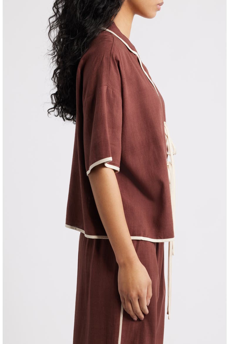 Dalton Tie Front Cotton & Linen Shirt, Alternate, color, BROWN CREAM