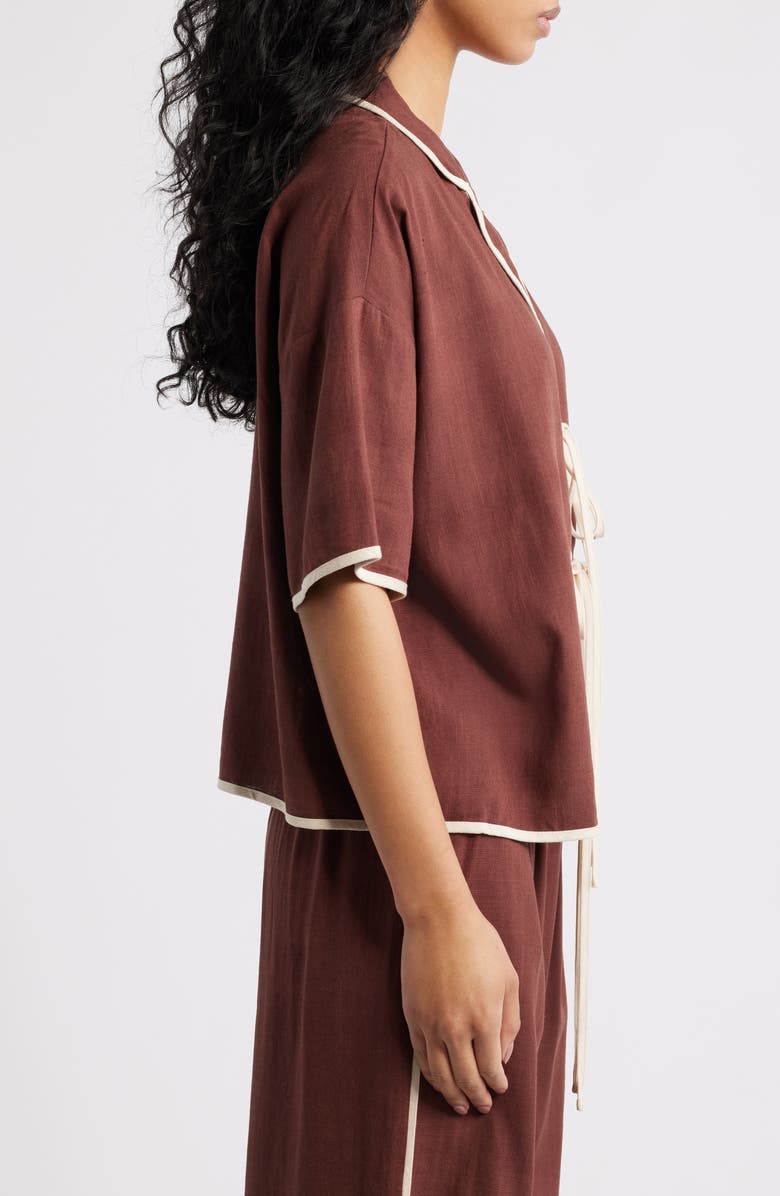 Petal & Pup Dalton Tie Front Cotton & Linen Shirt, Alternate, color, Brown Cream