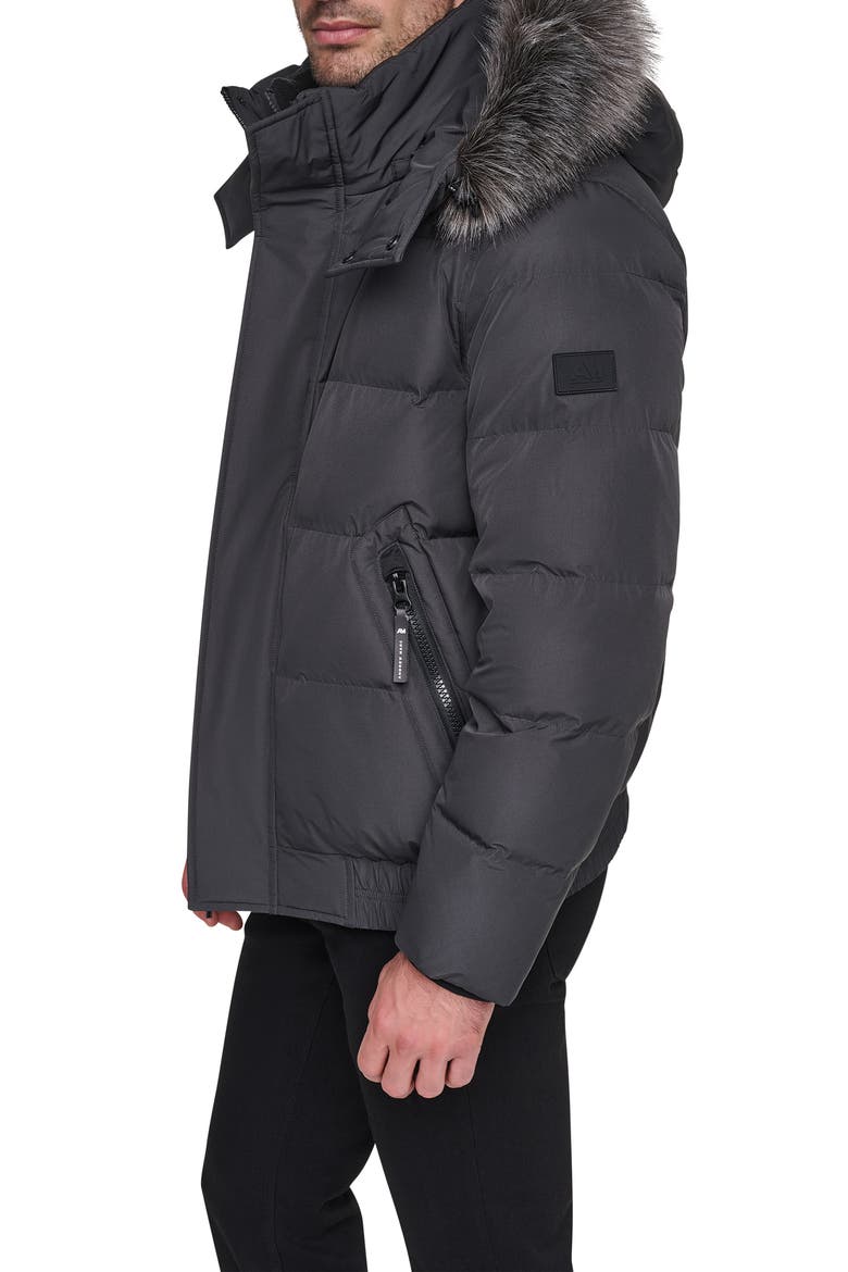 Hooded Down & Feather Fill Bomber Jacket with Faux Fur Trim, Alternate, color, CHARCOAL