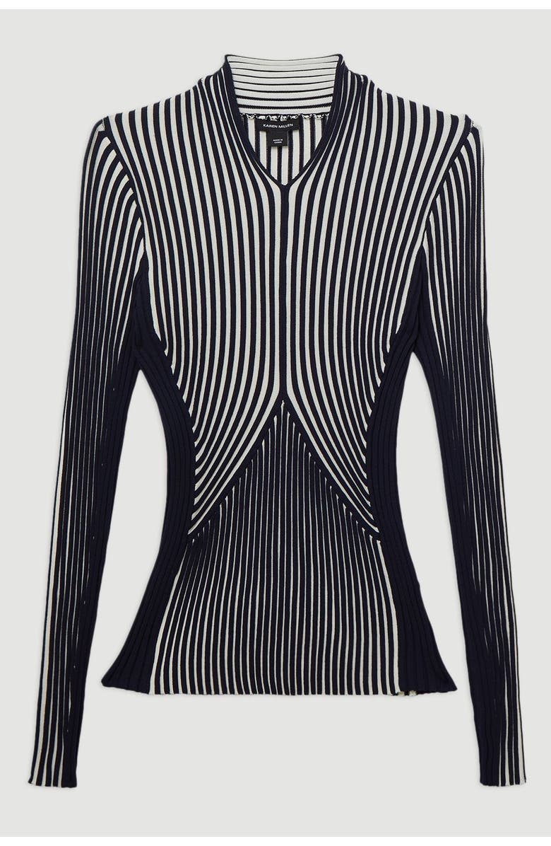 Karen Millen Stripe Fitted Long Sleeve Knitted Top, Alternate, color, Navy