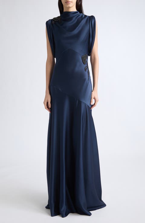 Embellished Draped Satin Gown