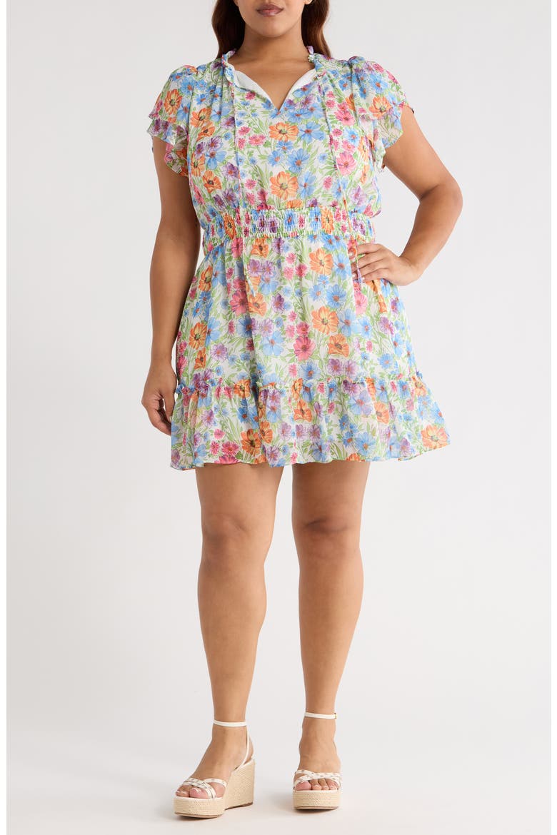 Ezia Garden Bumble Ruffle Dress, Main, color, BLUE/ PINK/ YELLOW