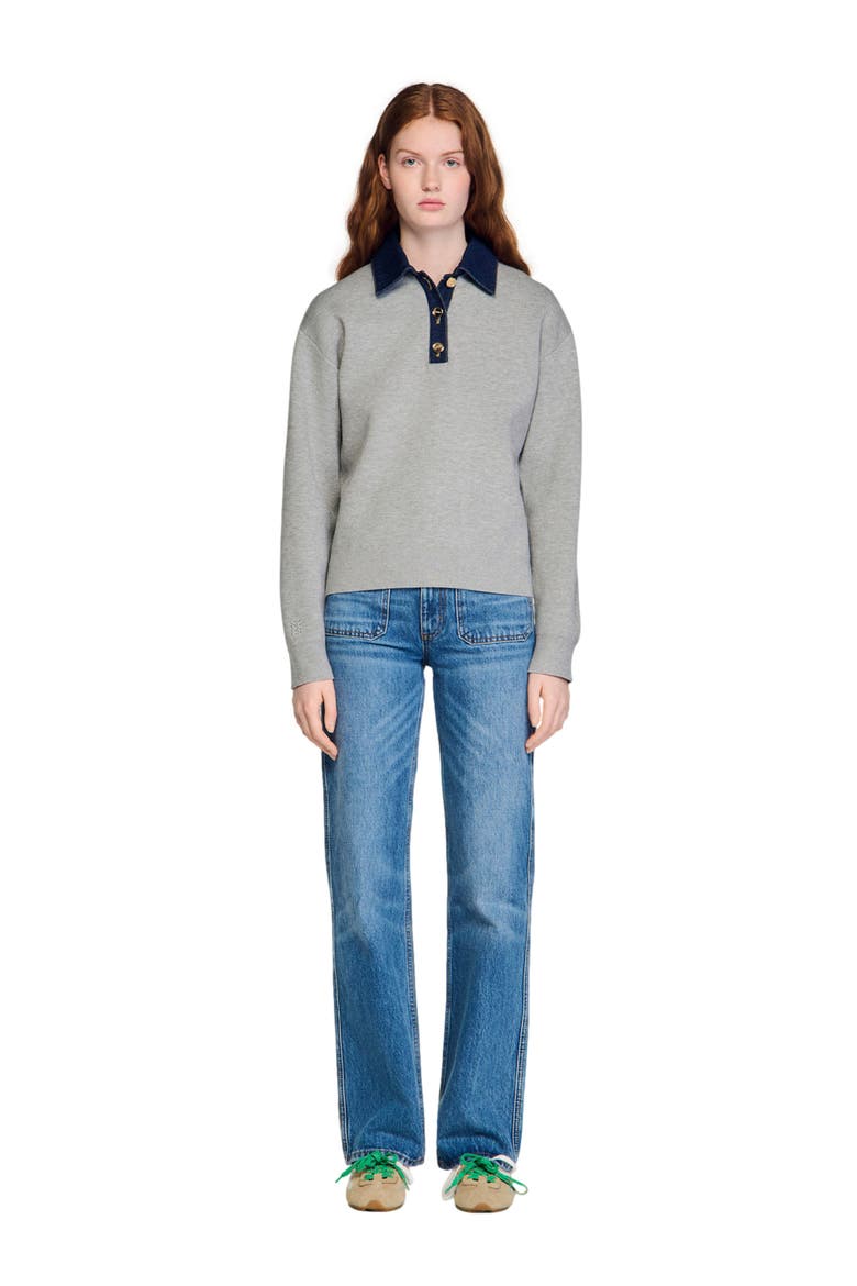 Sweater with denim collar, Alternate, color, Grey