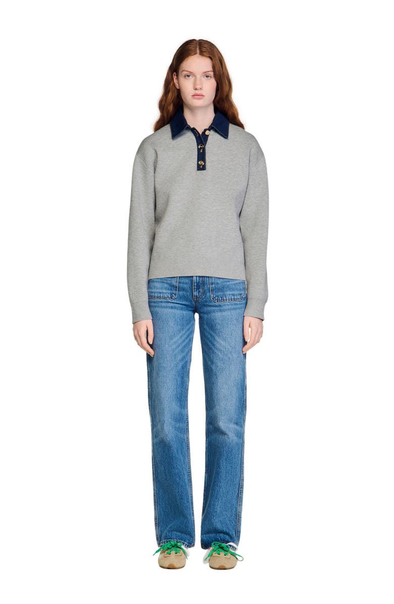 SANDRO Sweater with denim collar, Alternate, color, Grey