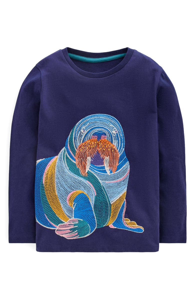 Boden Kids' Superstitch Long Sleeve Cotton T-Shirt, Main, color, College Navy Walrus